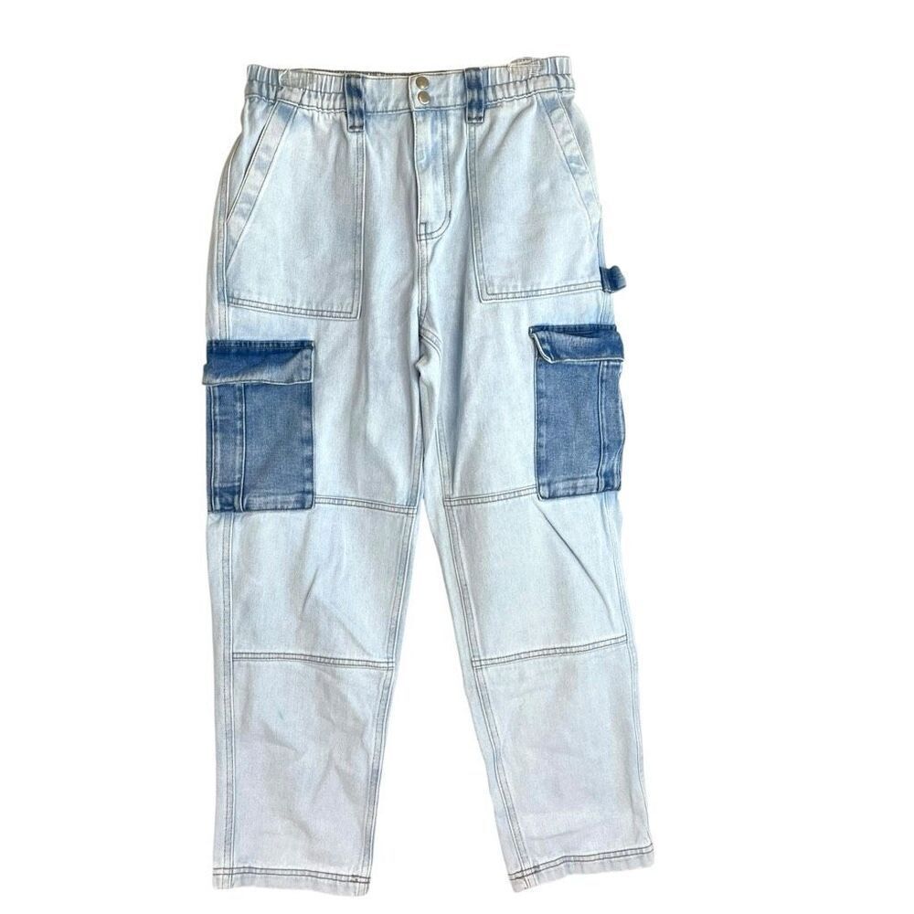Pacsun Womens Two Tone Patch Cargo Style Wide Leg Elastic Waist Jean Medium NWOT